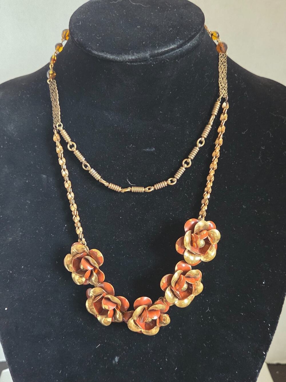 Vintage Style Gold Tone Rust Enamel Rose Floral Multi Strand Necklace #AEN11
